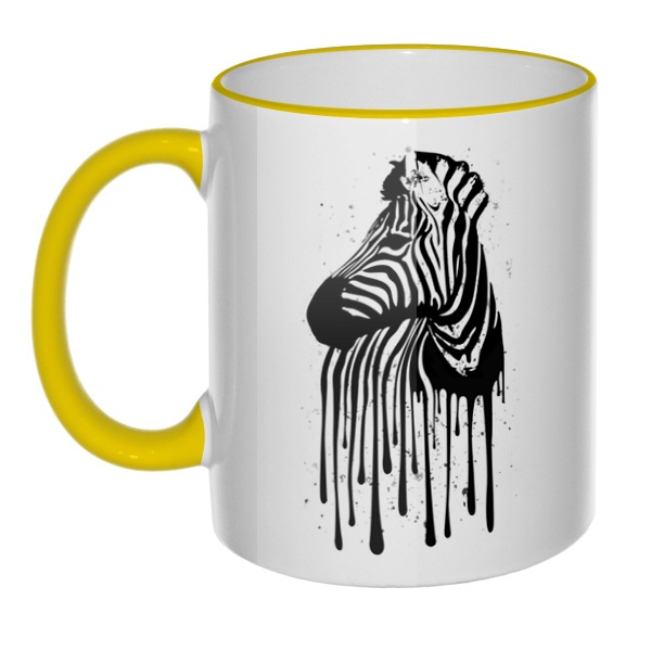 Кружка Стекающий рисунок зебры с цветным ободком и ручкой, цвет желтый