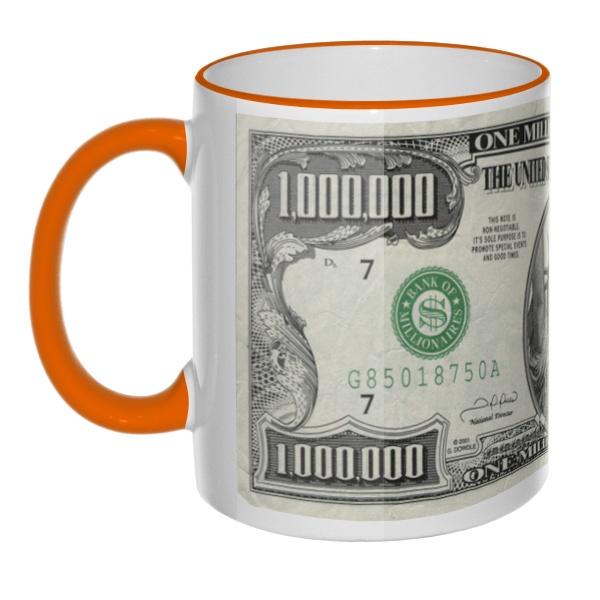 Кружка сувенирная с принтом купюры в 1 миллион долларов США с цветным ободком и ручкой, цвет оранжевый