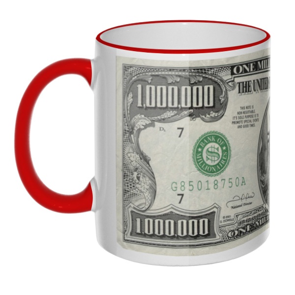 Кружка сувенирная с принтом купюры в 1 миллион долларов США с цветным ободком и ручкой, цвет красный