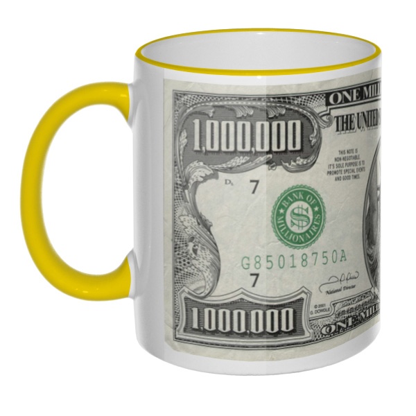 Кружка сувенирная с принтом купюры в 1 миллион долларов США с цветным ободком и ручкой, цвет желтый
