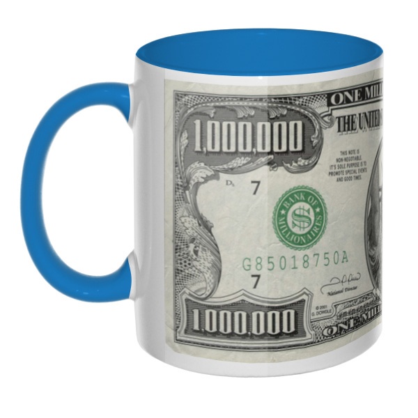 Миллион долларов США, сувенирная кружка цветная внутри и ручка, цвет голубой