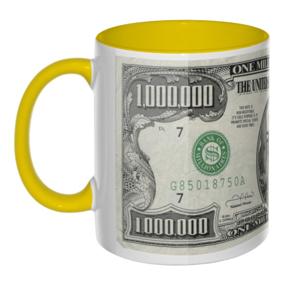 Миллион долларов США, сувенирная кружка цветная внутри и ручка, цвет желтый