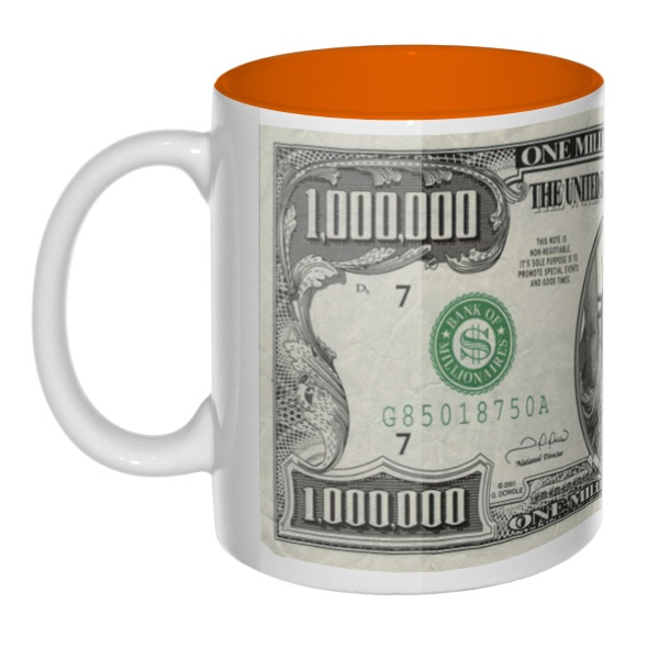 $1,000,000, сувенирная кружка цветная внутри, цвет оранжевый