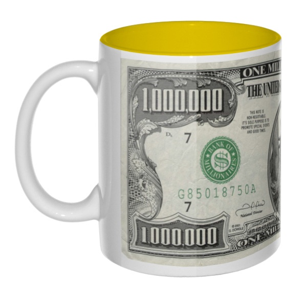 $1,000,000, сувенирная кружка цветная внутри, цвет желтый
