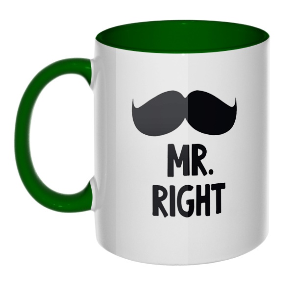 Mr Right, Mrs always Right, кружка цветная внутри и ручка, цвет зеленый