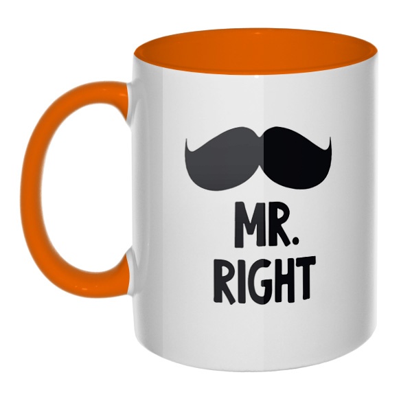 Mr Right, Mrs always Right, кружка цветная внутри и ручка, цвет оранжевый