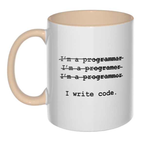 Я программист, кружка цветная внутри и ручка, цвет бежевый