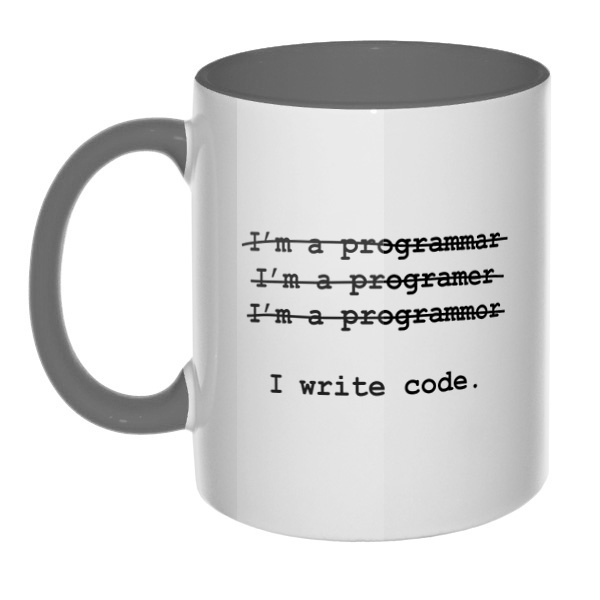 Я программист, кружка цветная внутри и ручка, цвет серый