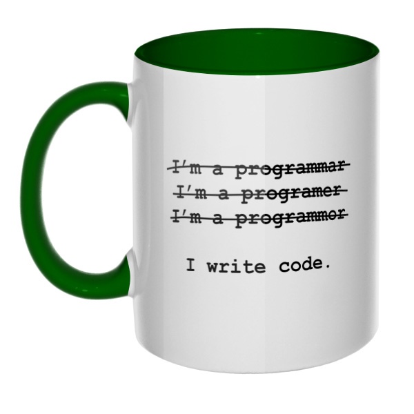 Я программист, кружка цветная внутри и ручка, цвет зеленый