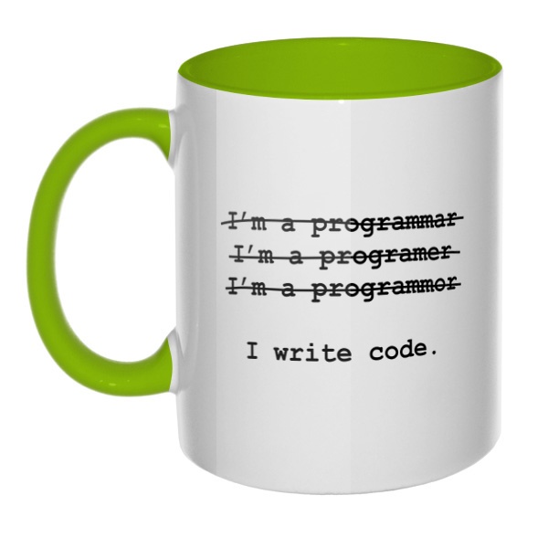 Я программист, кружка цветная внутри и ручка, цвет салатовый