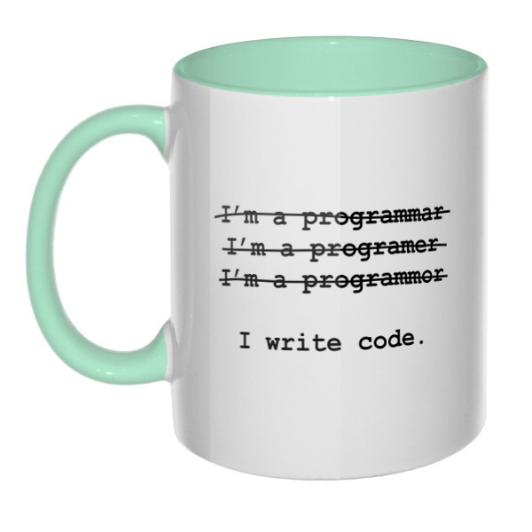 Я программист, кружка цветная внутри и ручка, цвет мятный