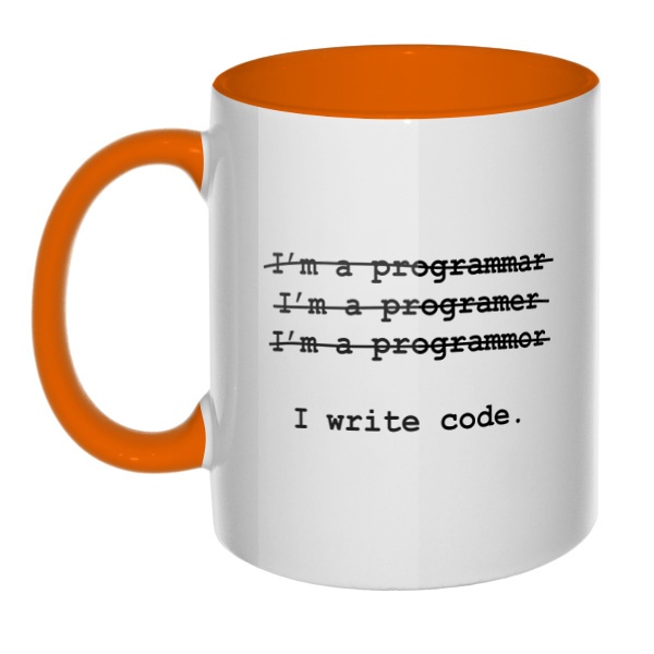 Я программист, кружка цветная внутри и ручка, цвет оранжевый