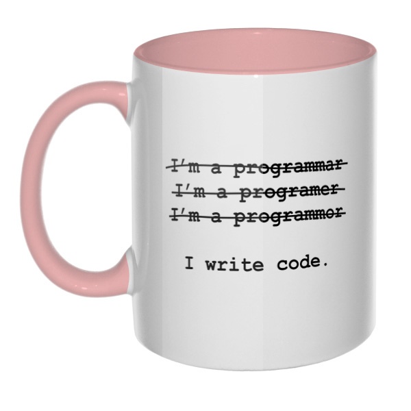 Я программист, кружка цветная внутри и ручка, цвет розовый