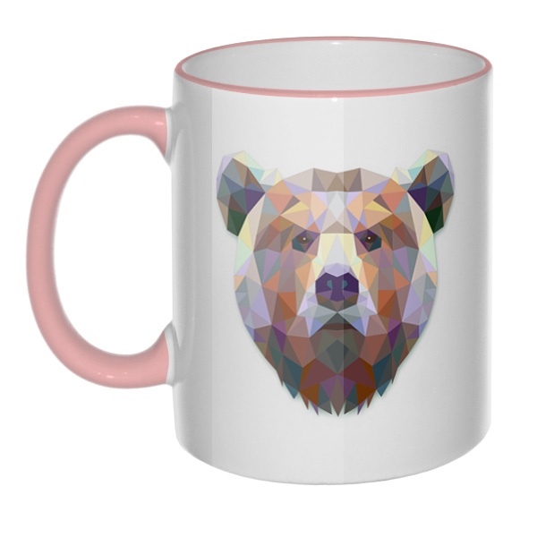 Кружка Русский медведь с цветным ободком и ручкой, цвет розовый