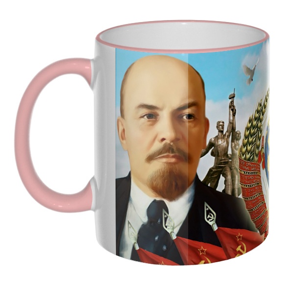 Цветная 3D-кружка (ободок + ручка) Ленин и Сталин, цвет розовый
