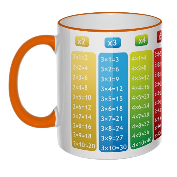 Кружка Таблица умножения с цветным ободком и ручкой, цвет оранжевый