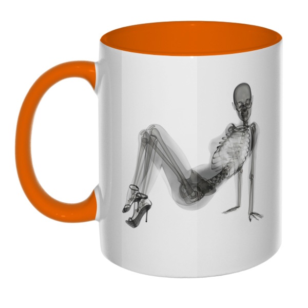 Скелет девушки на рентгене, кружка цветная внутри и ручка, цвет оранжевый