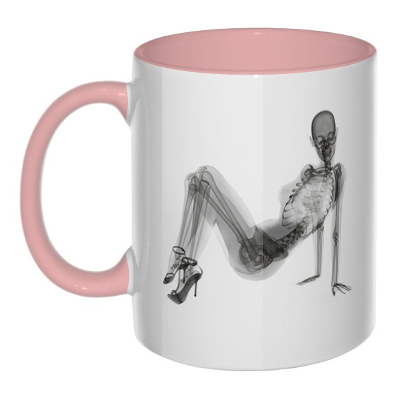 Скелет девушки на рентгене, кружка цветная внутри и ручка, цвет розовый