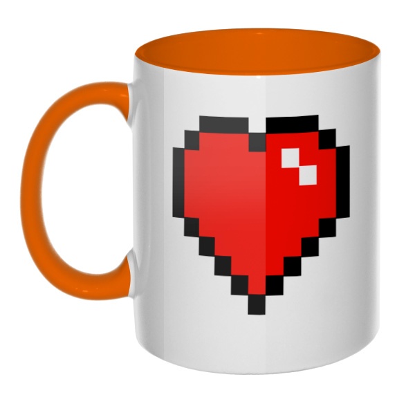 Кружка Пиксельное сердце цветная внутри и ручка, цвет оранжевый
