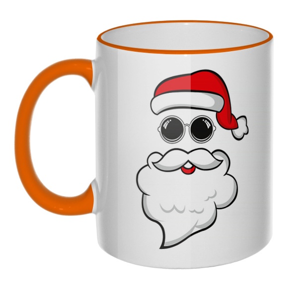 Кружка Дед Мороз в очках с цветным ободком и ручкой, цвет оранжевый