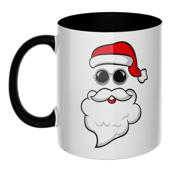 Дед Мороз в очках, кружка цветная внутри и ручка, цвет черный