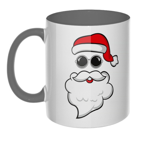 Дед Мороз в очках, кружка цветная внутри и ручка, цвет серый