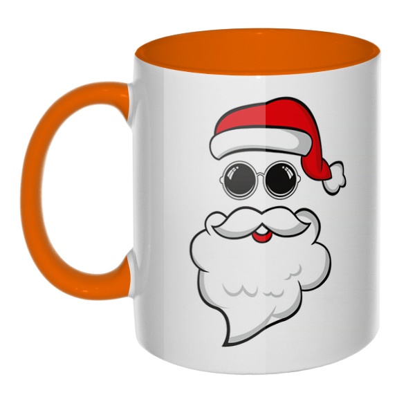 Дед Мороз в очках, кружка цветная внутри и ручка, цвет оранжевый