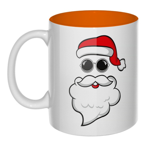 Дед Мороз в очках, кружка цветная внутри , цвет оранжевый