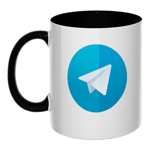 Кружка Логотип Telegram цветная внутри и ручка, цвет черный