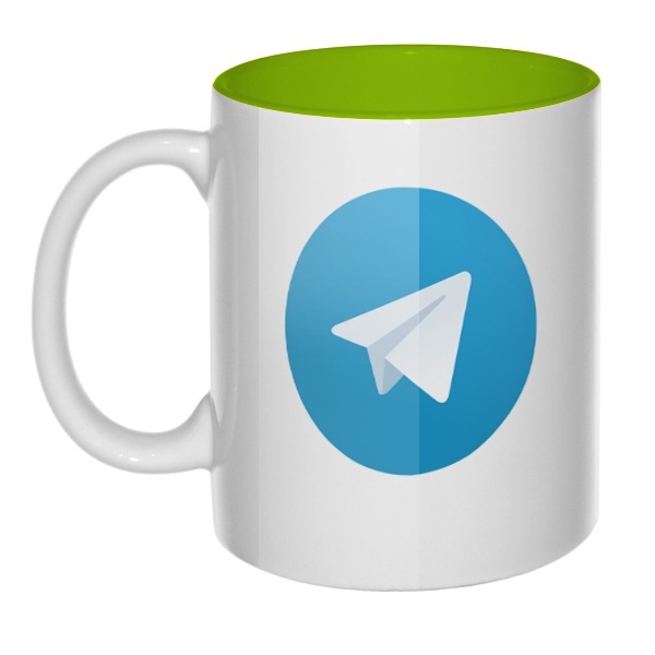 Кружка цветная внутри Логотип Telegram, цвет салатовый