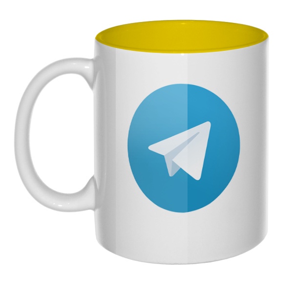 Кружка цветная внутри Логотип Telegram, цвет желтый