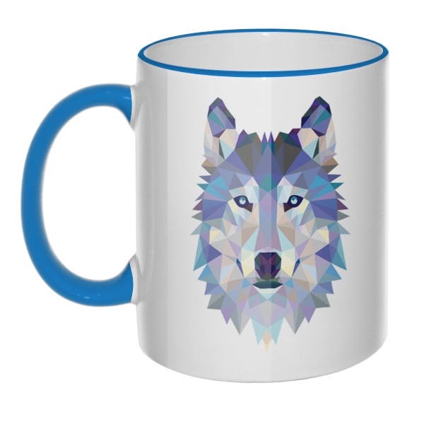Кружка Полигональный волк с цветным ободком и ручкой, цвет голубой