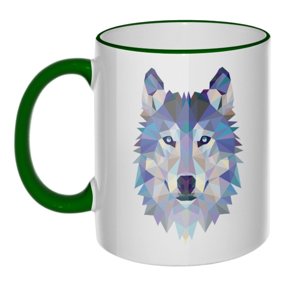 Кружка Полигональный волк с цветным ободком и ручкой, цвет зеленый