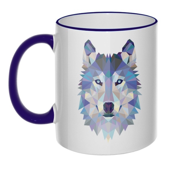 Кружка Полигональный волк с цветным ободком и ручкой, цвет темно-синий