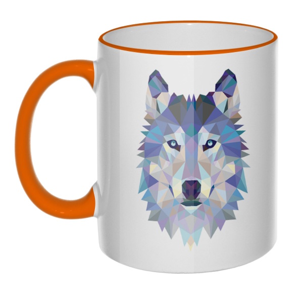 Кружка Полигональный волк с цветным ободком и ручкой, цвет оранжевый