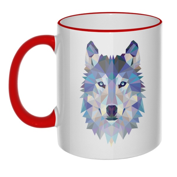 Кружка Полигональный волк с цветным ободком и ручкой