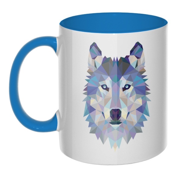 Кружка Полигональный волк цветная внутри и ручка, цвет голубой