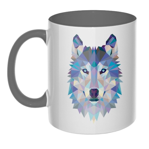 Кружка Полигональный волк цветная внутри и ручка, цвет серый