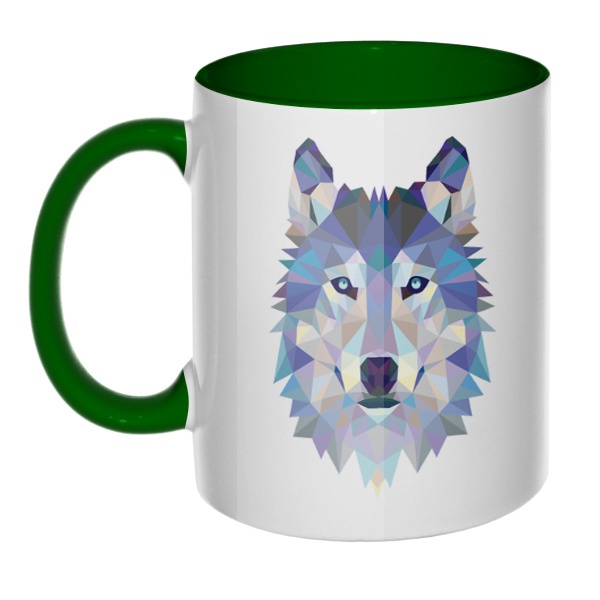 Кружка Полигональный волк цветная внутри и ручка, цвет зеленый
