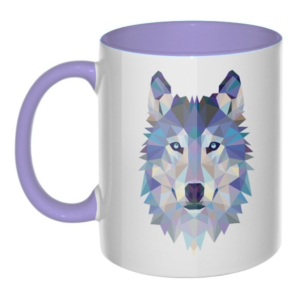 Кружка Полигональный волк цветная внутри и ручка, цвет лавандовый