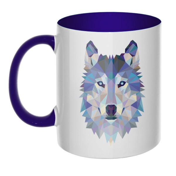 Кружка Полигональный волк цветная внутри и ручка, цвет темно-синий
