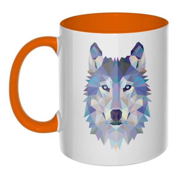 Кружка Полигональный волк цветная внутри и ручка, цвет оранжевый