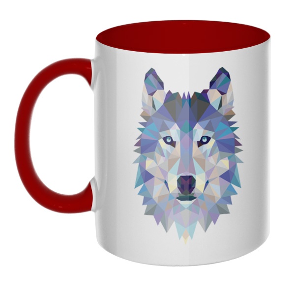 Кружка Полигональный волк цветная внутри и ручка, цвет бордовый
