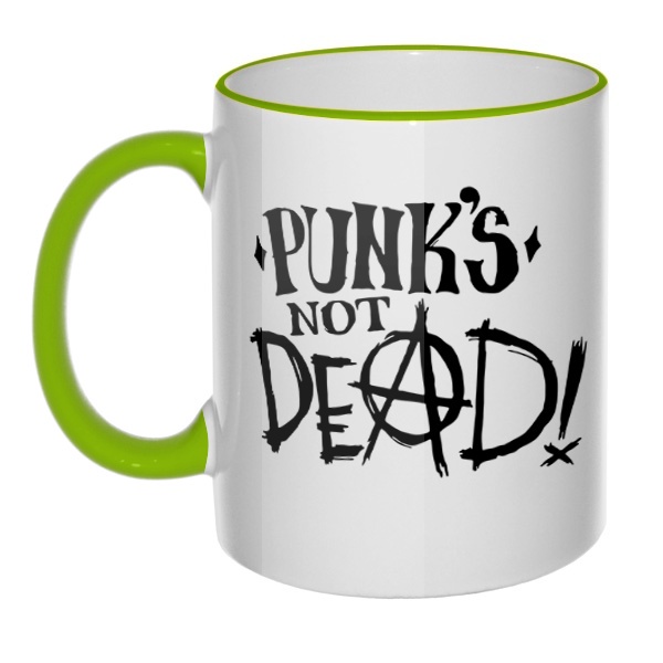 Кружка Punk's not dead с цветным ободком и ручкой, цвет салатовый