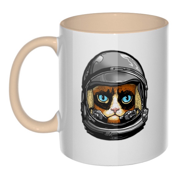 Кот в космическом шлеме, кружка цветная внутри и ручка, цвет бежевый