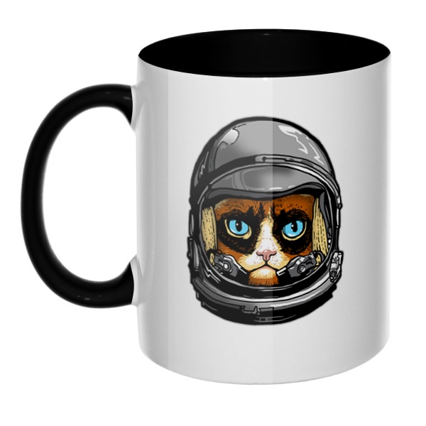 Кот в космическом шлеме, кружка цветная внутри и ручка, цвет черный