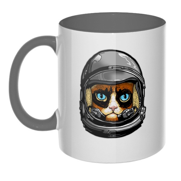 Кот в космическом шлеме, кружка цветная внутри и ручка, цвет серый