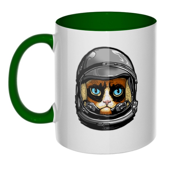 Кот в космическом шлеме, кружка цветная внутри и ручка, цвет зеленый