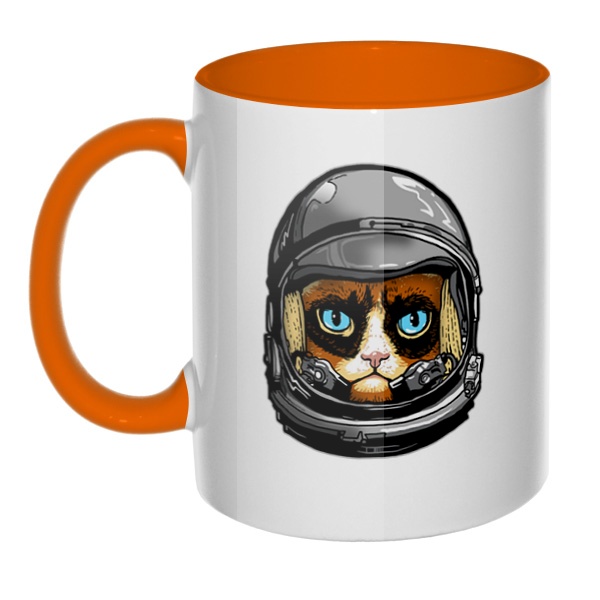 Кот в космическом шлеме, кружка цветная внутри и ручка, цвет оранжевый