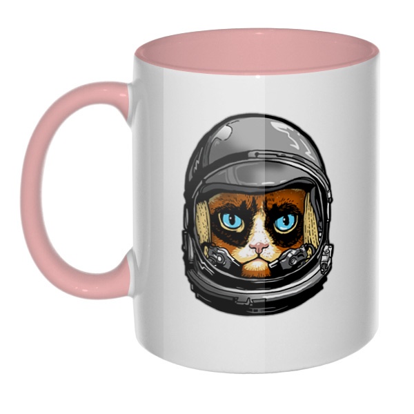 Кот в космическом шлеме, кружка цветная внутри и ручка, цвет розовый